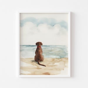 May include: Watercolor painting of a brown dog sitting on a beach, looking out at the ocean. The sky is blue with white clouds.