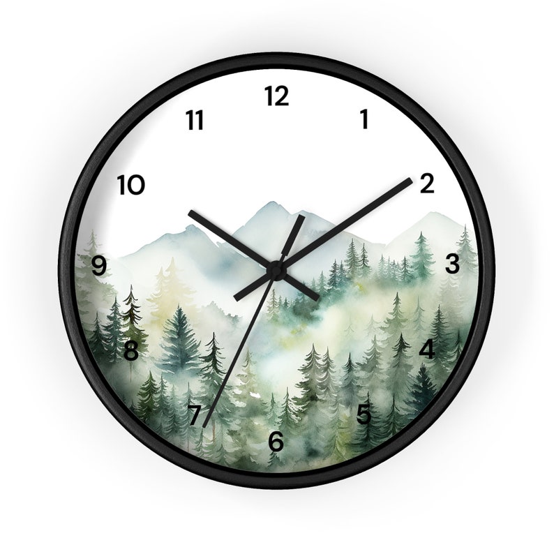 Watercolor Pine Trees and Mountains Wall Clock With Numbers, Foggy Forest Clock, Forest Wall Art, Woodland Theme Decor image 2