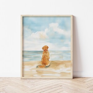 Watercolor Golden Retriever Dog Sitting on Beach Art Print Coastal Dog Lover Gift Summer Pet Wall Decor Golden Retriever Beach Painting