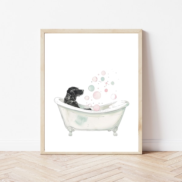 Labrador Bath Time Wall Art, Dog Taking A Bath, Labrador Lover's Gift, Whimsical Art, Dog Bathroom Wall Art, Minimal Art