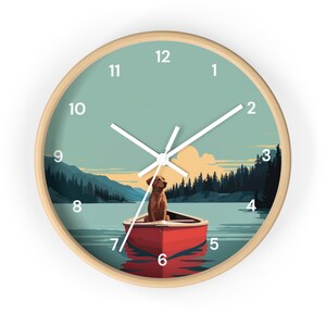 Dog Canoe Art Wall Clock With Numbers, Lake House Decor, Labrador Dog, Camping, Outdoors, Fishing, Lake dog, Cabin, Canoe decor image 9