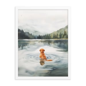 May include: A watercolor painting of a golden retriever dog sitting in a lake, looking out at a misty mountain range in the distance.