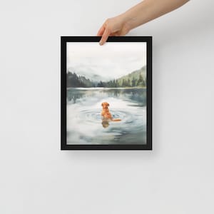 May include: A watercolor painting of a golden retriever dog sitting in a lake, looking out at a misty forest landscape.