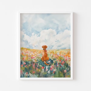 May include: Watercolor painting of a brown dog sitting in a field of colorful flowers. The dog is looking out at a cloudy sky.