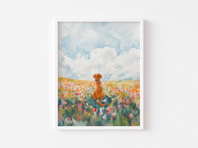 May include: Watercolor painting of a brown dog sitting in a field of colorful flowers. The dog is looking out at a cloudy sky.