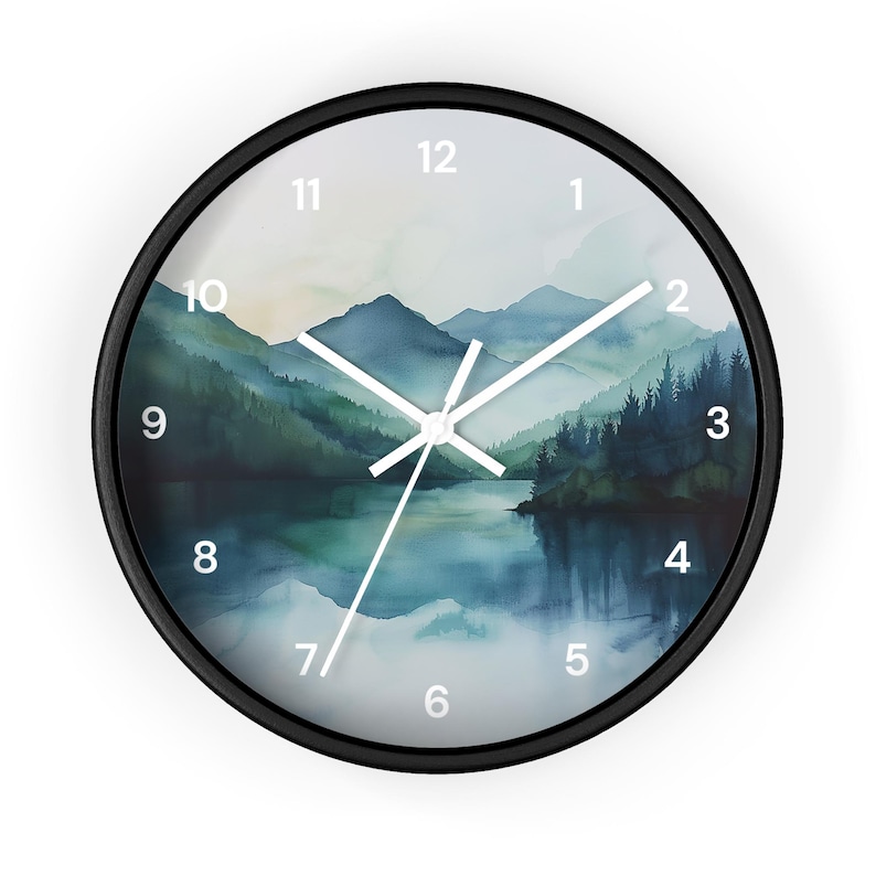Watercolor Pine Trees and Mountains Wall Clock With Numbers, Foggy Forest Clock, Forest Wall Art, Woodland Theme Decor image 10
