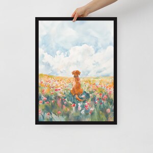 May include: A watercolor painting of a brown dog sitting in a field of pink and red flowers. The dog is looking out at a blue sky with white clouds.