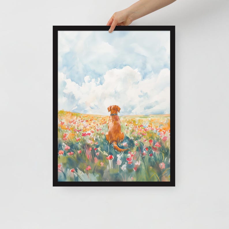 May include: A watercolor painting of a brown dog sitting in a field of pink and red flowers. The dog is looking out at a blue sky with white clouds.