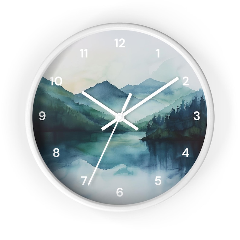 Watercolor Pine Trees and Mountains Wall Clock With Numbers, Foggy Forest Clock, Forest Wall Art, Woodland Theme Decor image 11