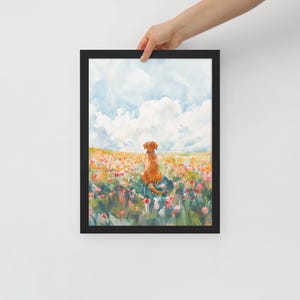 May include: A watercolor painting of a golden retriever sitting in a field of wildflowers. The dog is looking out at the horizon, and the sky is a light blue with fluffy white clouds.