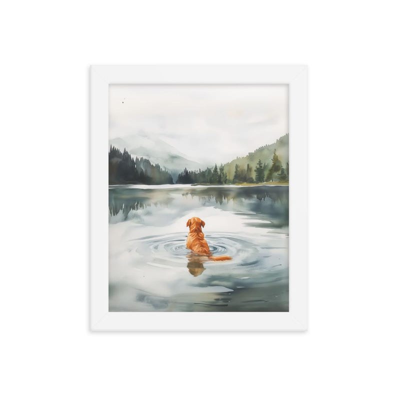 May include: A watercolor painting of a golden retriever dog sitting in a lake, looking out at a misty forest landscape.