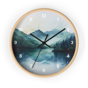 Watercolor Pine Trees and Mountains Wall Clock With Numbers, Foggy Forest Clock, Forest Wall Art, Woodland Theme Decor image 7