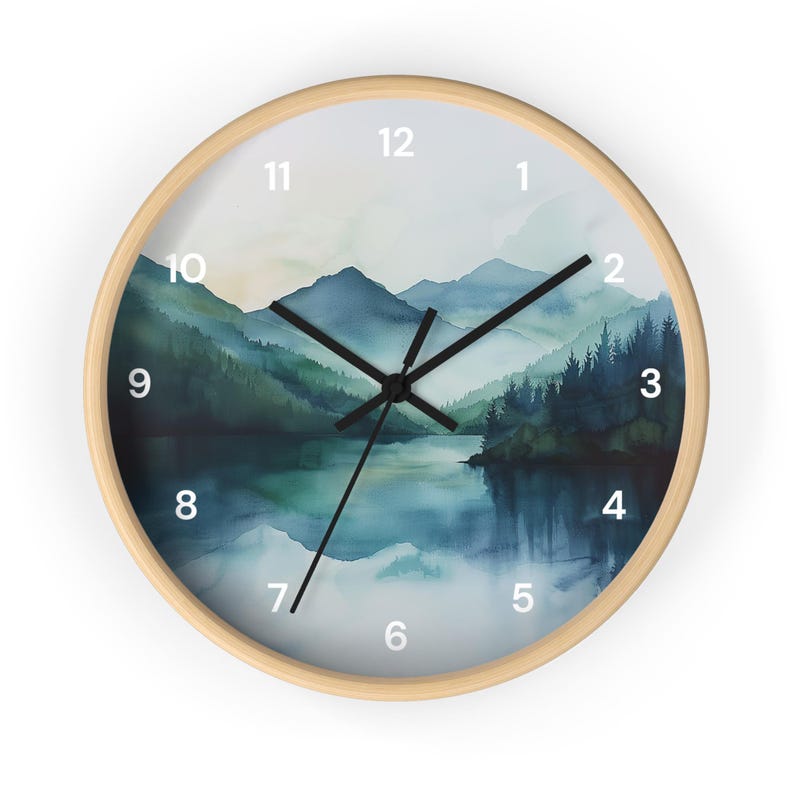 Watercolor Pine Trees and Mountains Wall Clock With Numbers, Foggy Forest Clock, Forest Wall Art, Woodland Theme Decor image 7