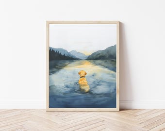 Watercolor Dog Swimming in Lake Wall Art Yellow Labrador Wall Art Yellow Lab Lake Art Yellow Labrador Swimming Art Gift for Dog Lover