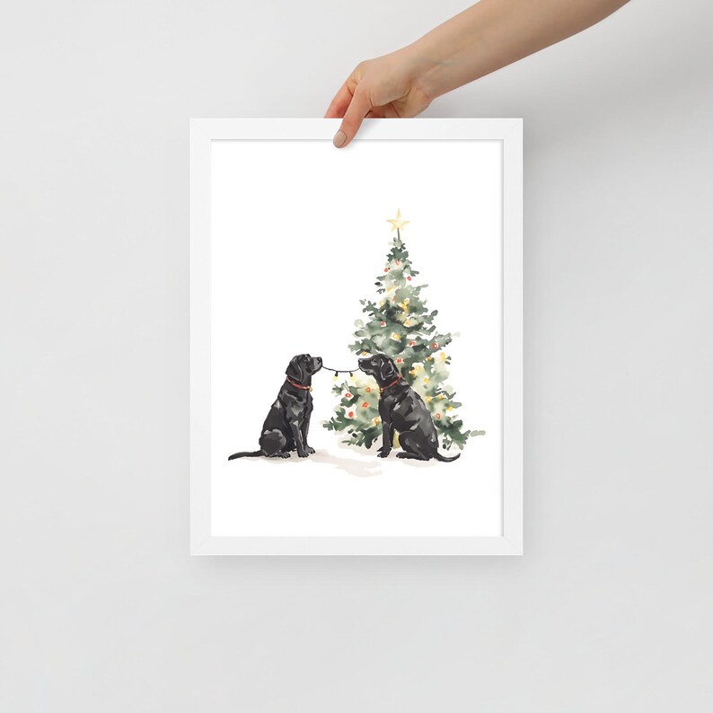 Puede incluir: Dos labradores negros sentados frente a un &aacute;rbol de Navidad decorado. Los perros se miran y parecen estar jugando con las luces de Navidad.