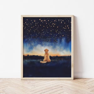 Arte de pared de Golden Retriever con noche estrellada Golden Retriever mirando hacia arriba Cielo lleno de estrellas Arte para perros para acampar Póster de paisaje natural Regalo para mamá Golden