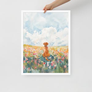 May include: A watercolor painting of a brown dog sitting in a field of colorful flowers. The dog is looking out at a blue sky with white clouds.