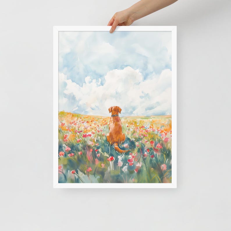 May include: A watercolor painting of a brown dog sitting in a field of colorful flowers. The dog is looking out at a blue sky with white clouds.