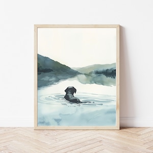 Digitaal: aquarel hond zwemmen in het meer muurkunst, hond kunst aan de muur, labrador hond kunst, landschap kunst aan de muur, Lake House decor, cabine decor