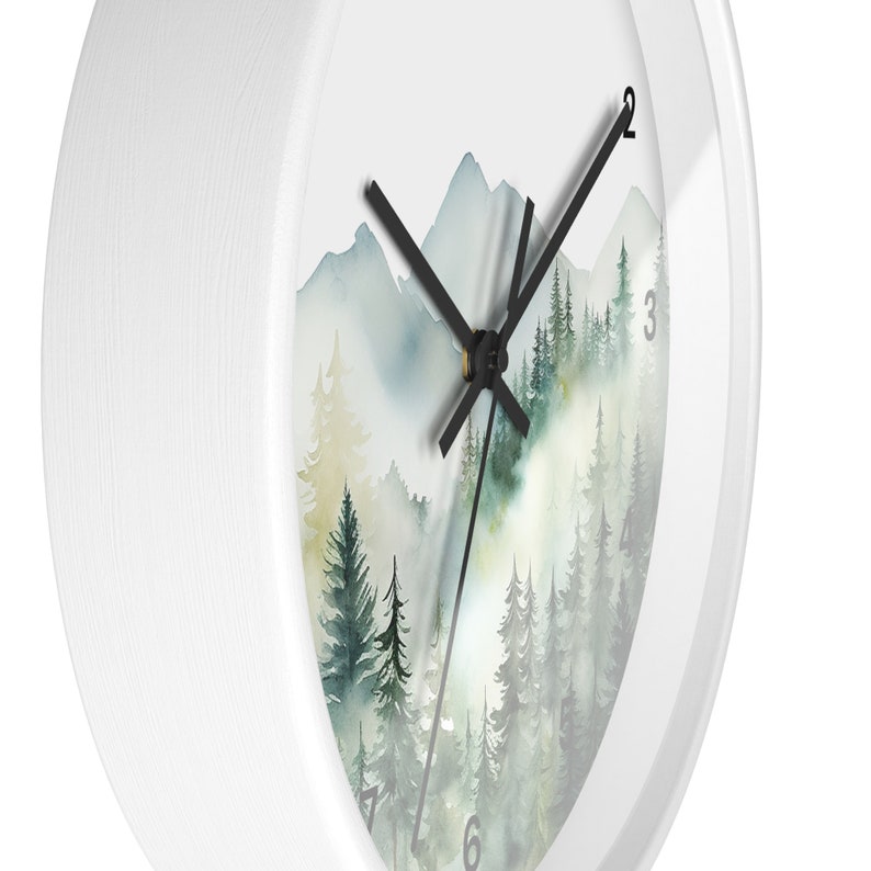 Watercolor Pine Trees and Mountains Wall Clock With Numbers, Foggy Forest Clock, Forest Wall Art, Woodland Theme Decor image 6