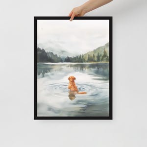 May include: A watercolor painting of a golden retriever dog swimming in a lake. The dog is facing away from the viewer and is surrounded by ripples in the water. The background is a misty forest with a mountain range in the distance.