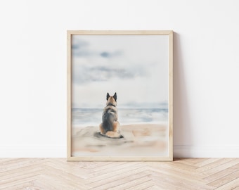 Watercolor German Shepherd Dog Sitting on Beach Art Print Dog Lover Beach House Decor Print Pet Memorial Beach Scene GSD Print GSD Mom Gift