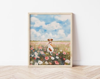 Digital: Acuarela Jack Russell Terrier Arte de pared Perro en campo de flores Póster de naturaleza Obra de arte de flores silvestres de Jack Russell Amante de los perros Jack Russell