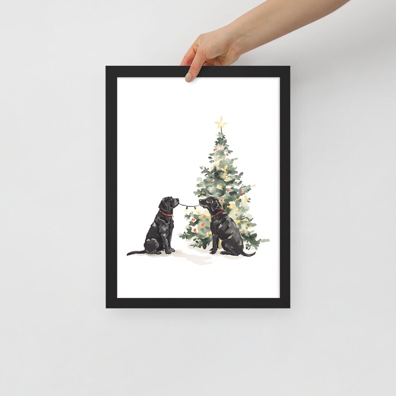 Puede incluir: Dos labradores negros sentados frente a un &aacute;rbol de Navidad decorado. Los perros se miran y uno sostiene una cadena de luces.