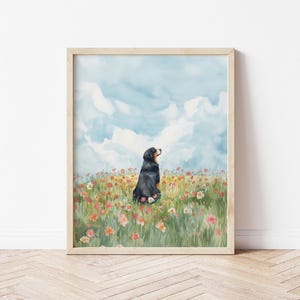 Watercolor Bernese Mountain Dog in Flower Field Wall Art Dog Wildflower Wall Art Animal Nature Poster Berner Decor Berner Mom Gift