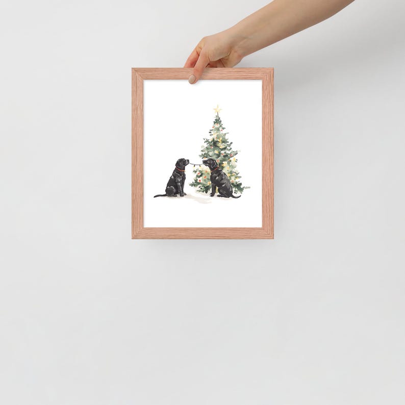 Puede incluir: Dos perros negros de raza Labrador Retriever sentados frente a un &aacute;rbol de Navidad decorado con una estrella en la cima. Los perros se miran.