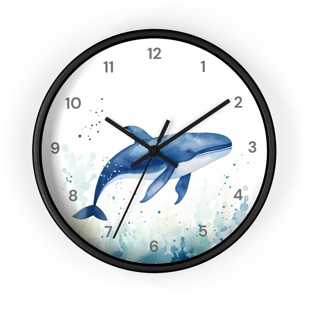 Blue Whale in the Sea Wall Clock, Watercolor Fish Wall Clock, Nursery