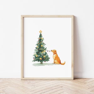 Watercolor Golden Retriever with Christmas Tree Wall Art Golden Retriever Wall Art Christmas Wall Art Holiday Art Christmas Tree Art