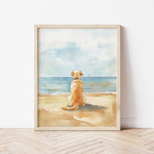 Digital: Aquarell Gelber Labrador sitzend am Strand Kunstdruck Küstenhund Geschenk Sommer Haustier Wanddeko Gelber Labrador Strand Gemälde