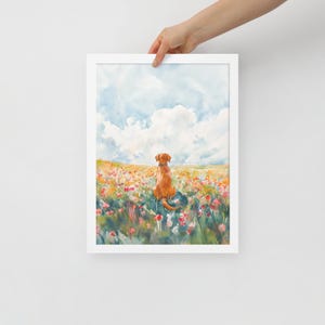 May include: A watercolor painting of a golden retriever sitting in a field of wildflowers. The dog is looking out at a cloudy sky.