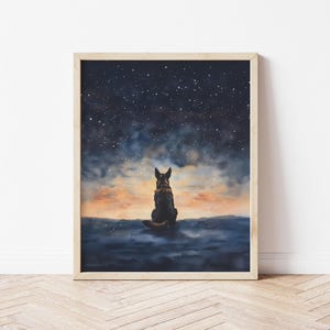Arte de pared con diseño de perro pastor alemán con estrellas en la noche, pastor alemán mirando hacia arriba, cielo estrellado, arte canino para acampar, póster de paisaje natural, regalo para mamá pastor alemán
