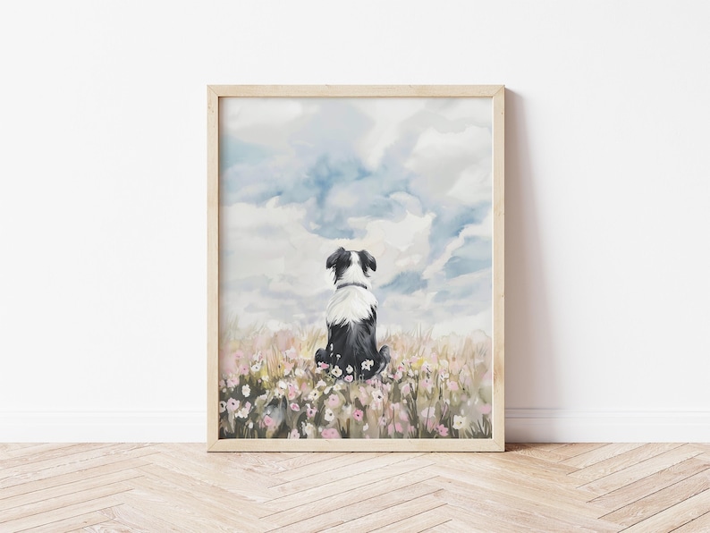 Watercolor Dog Art Border Collie in Flower Field Wall Art Animal Poster Border Collie Wildflower Art Border Collie Mom Gift Pet Loss Gift