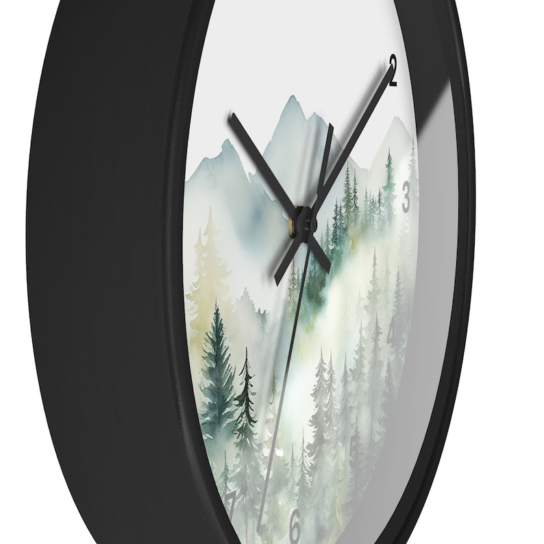 Watercolor Pine Trees and Mountains Wall Clock With Numbers, Foggy Forest Clock, Forest Wall Art, Woodland Theme Decor image 5
