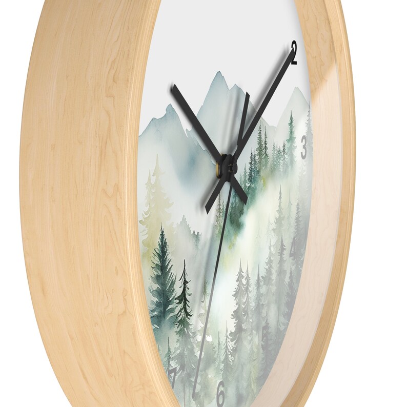 Watercolor Pine Trees and Mountains Wall Clock With Numbers, Foggy Forest Clock, Forest Wall Art, Woodland Theme Decor image 4