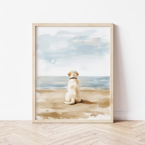 Watercolor White Labrador Sitting on Beach Art Print Coastal Dog Lover Gift Summer Pet Wall Decor White Lab Beach Painting Black Lab Art