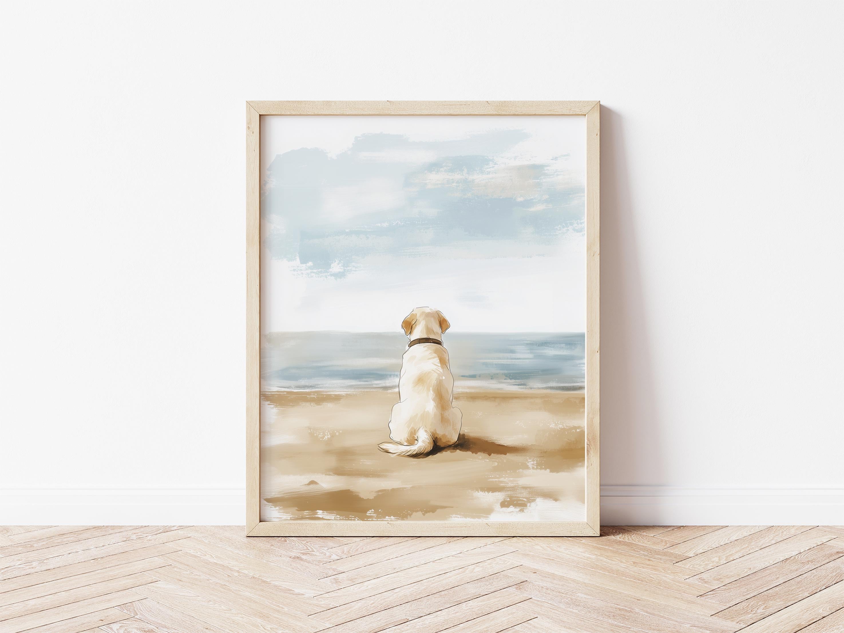 Watercolor White Labrador Sitting on Beach Art Print Coastal Dog Lover Gift Summer Pet Wall Decor White Lab Beach Painting Black Lab Art