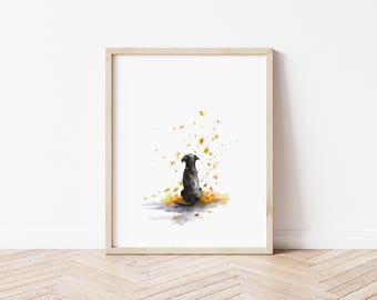 デジタル：ブラックラブラドールの水彩画風ウォールアートプリント、秋の犬の装飾、ラブラドールレトリバーの壁飾り、犬好きの方へのギフト、素朴な農家風ウォールアート