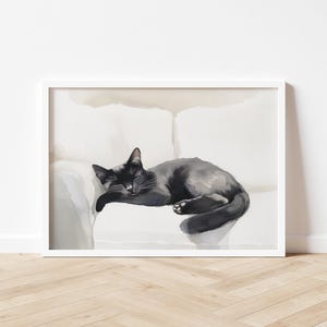 Watercolor Black Cat Sleeping Wall Art Minimalist Black Cat Art Cute Black Cat Print Cat Home Decor Black Cat Print Cat Lover Gift