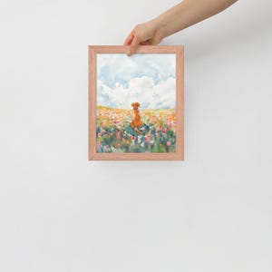 May include: A watercolor painting of a dog sitting in a field of flowers. The dog is brown and white, and the flowers are pink, purple, and yellow. The sky is blue with white clouds.