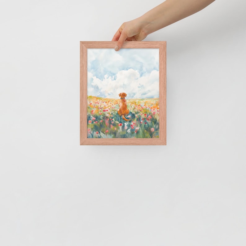 May include: A watercolor painting of a dog sitting in a field of flowers. The dog is brown and white, and the flowers are pink, purple, and yellow. The sky is blue with white clouds.
