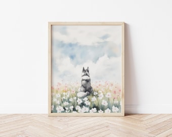 Watercolor Siberian Husky Dog in Flower Field Wall Art Animal Poster Husky Wildflower Art Husky Mom Gift Husky Dad Gift Pet Loss Gift