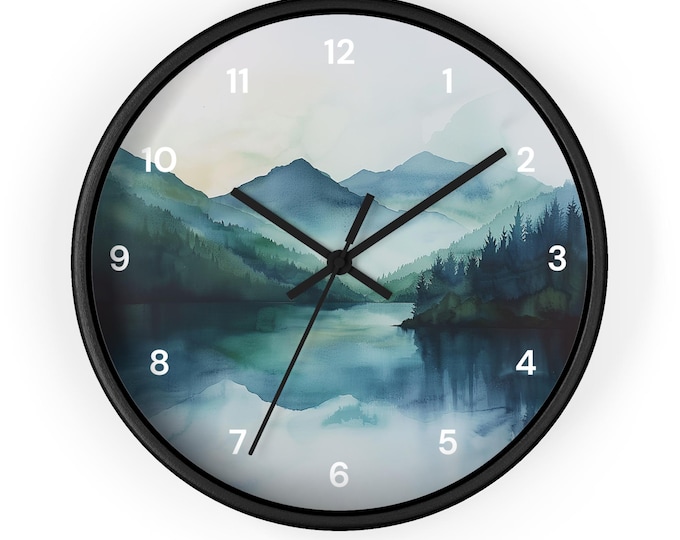 Watercolor Pine Trees and Mountains Wall Clock With Numbers, Foggy Forest Clock, Forest Wall Art, Woodland Theme Decor