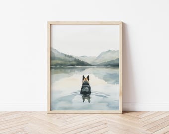 Watercolor German Shepherd Dog Swimming in Lake Wall Art Dog Wall Art German Shepherd  Art Landscape Wall Art Lake House Decor GSD Gift