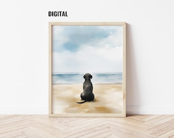 Digital: Lámina artística de acuarela de un labrador negro sentado en la playa. Regalo ideal para amantes de los perros costeros. Decoración de pared de verano para mascotas. Pintura de labrador negro en la playa.