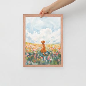 May include: Watercolor painting of a brown dog sitting in a field of colorful flowers. The dog is looking out at a blue sky with white clouds.