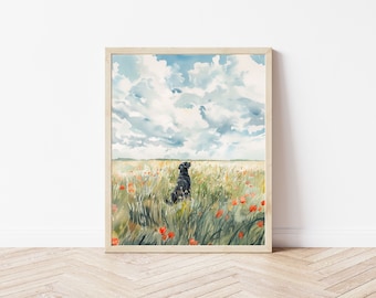 Dog in Flower Field, Dog Wildflower Wall Art, Nature Poster, Labrador Dog Art, Lake House Decor, Cabin Decor